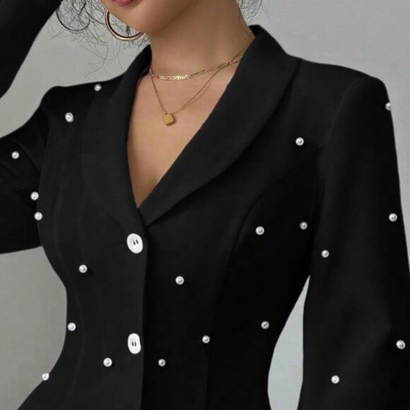 Black Elegant Women's Pearl Stud Button Front Blazer Jacket - Picture 8 of 8